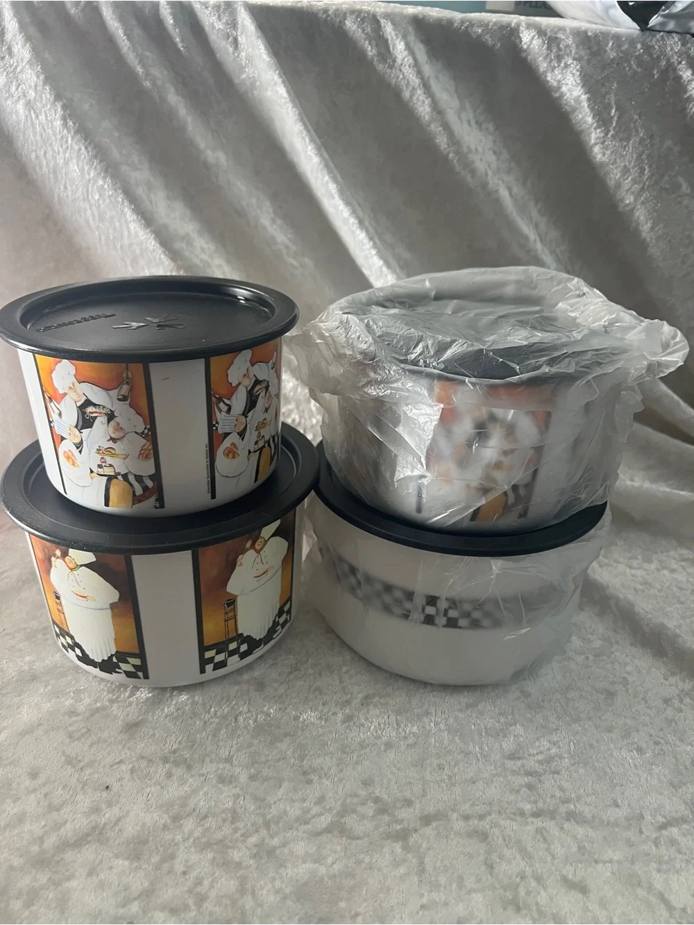 Decorative Chef Print Food Storage Containers with Black Lids - Set of 4
